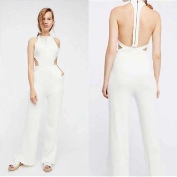 Free People Beach Jumpsuit Ribbed Racerback Cutout Sides Size S Wide Leg Beachy - Picture 2 of 10